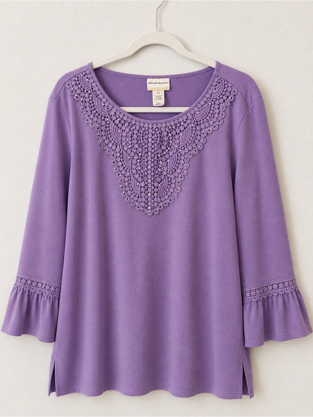 Alfred Dunner Lavender Crochet Yoke Long-Sleeve Knit Top